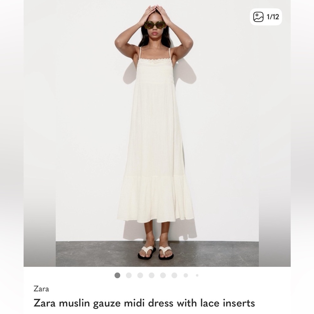 Zara Cream Muslin Midi Dress with Lace Trim, size XS